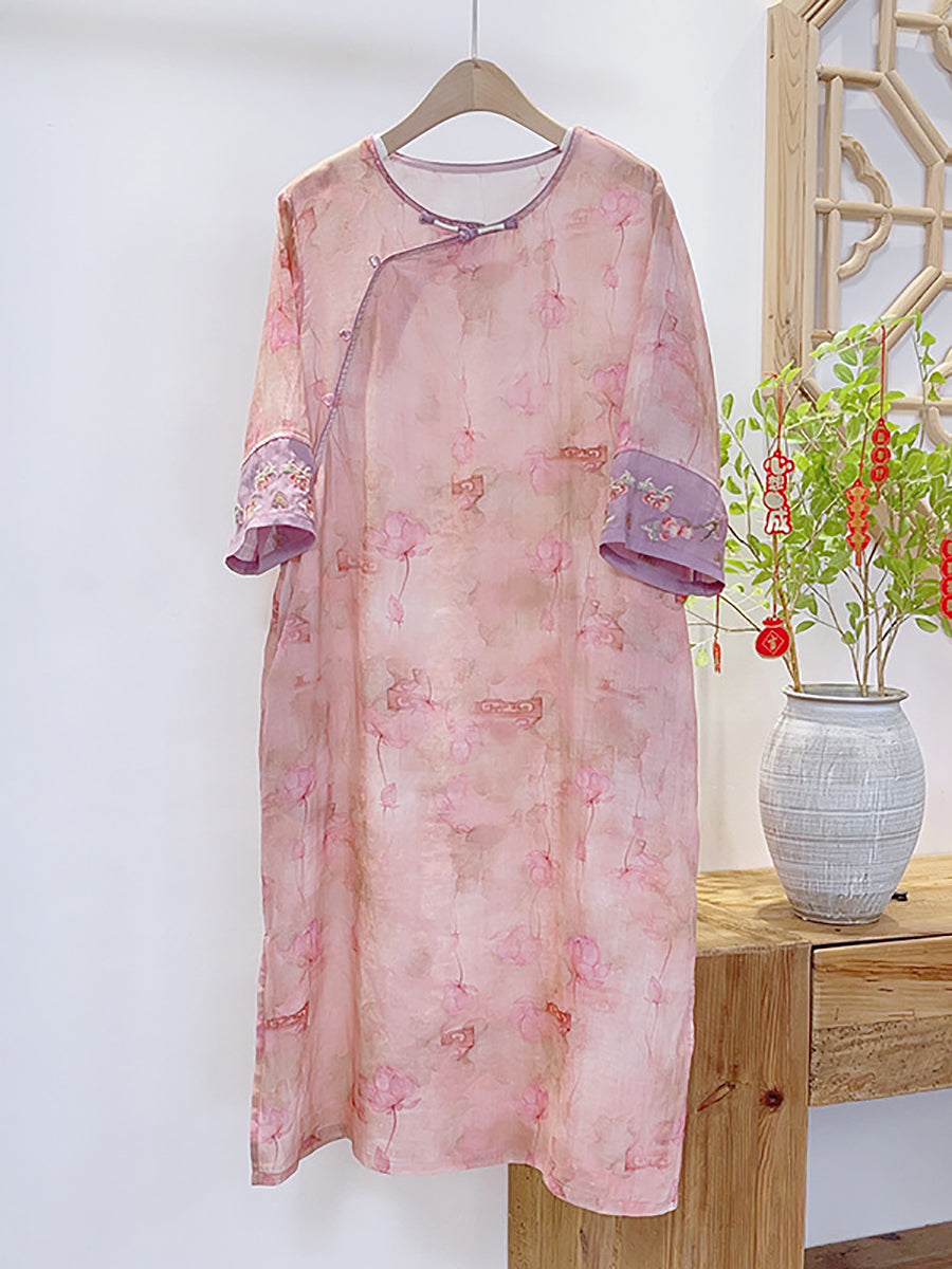 Women Summer Vintage Floral Spliced Ramie Dress II1051 BUYKUD