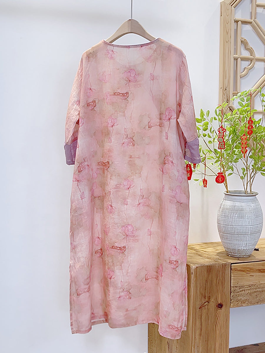 Women Summer Vintage Floral Spliced Ramie Dress II1051 BUYKUD