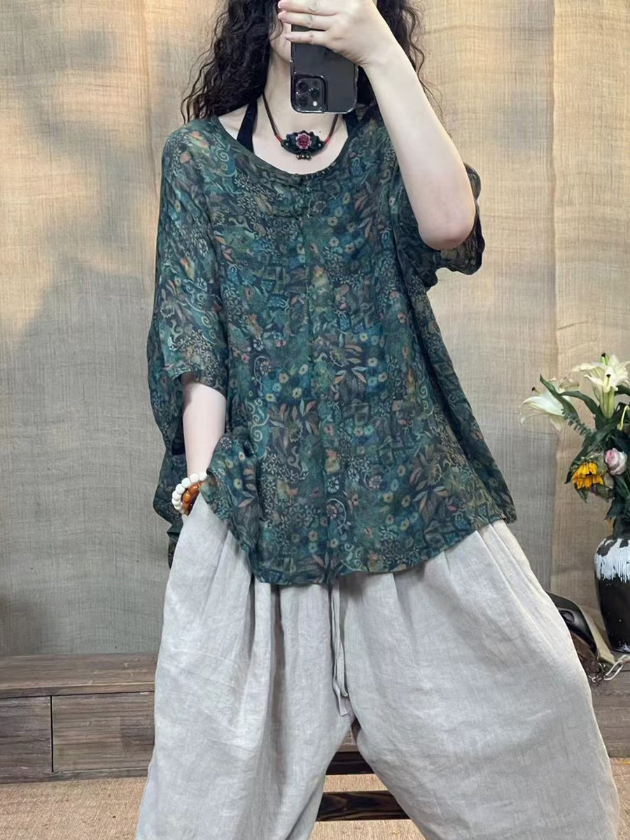 Women Summer Vintage Flower O-Neck Linen Shirt II1056 XJYF