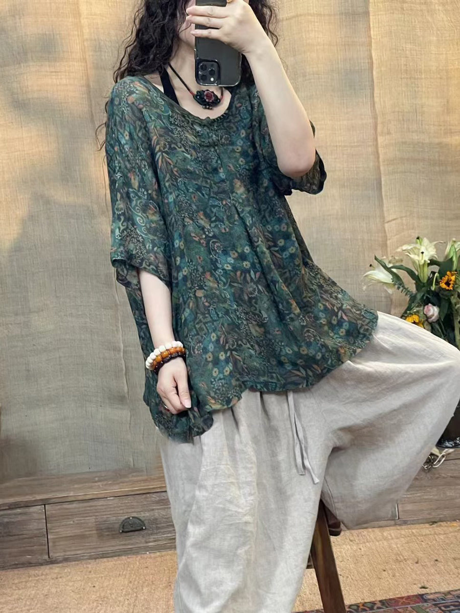 Women Summer Vintage Flower O-Neck Linen Shirt II1056 XJYF