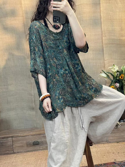 Women Summer Vintage Flower O-Neck Linen Shirt II1056 XJYF