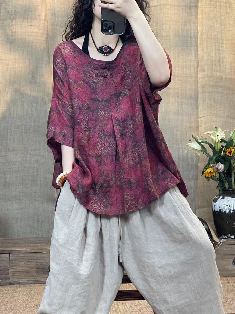 Women Summer Vintage Flower O-Neck Linen Shirt II1056 XJYF