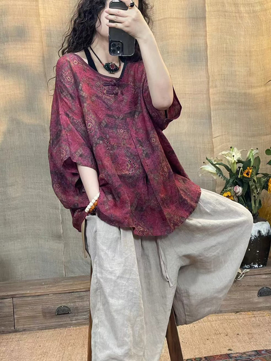 Women Summer Vintage Flower O-Neck Linen Shirt II1056 XJYF