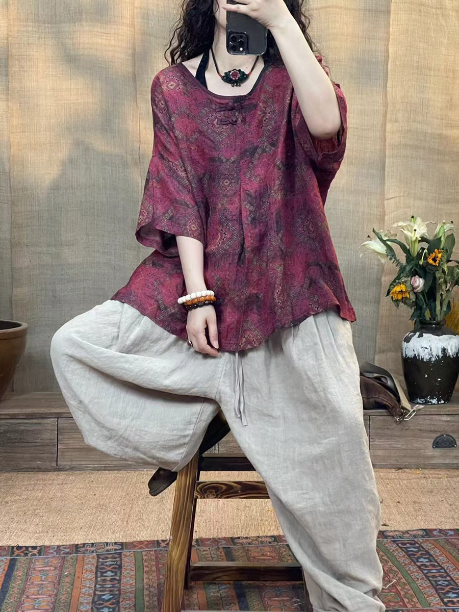 Women Summer Vintage Flower O-Neck Linen Shirt II1056 XJYF