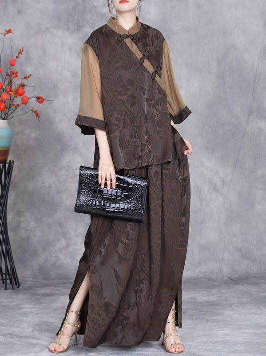 Women Summer Vintage Jacquard Colorblock Shirt+Skirt II1049 ZSLS