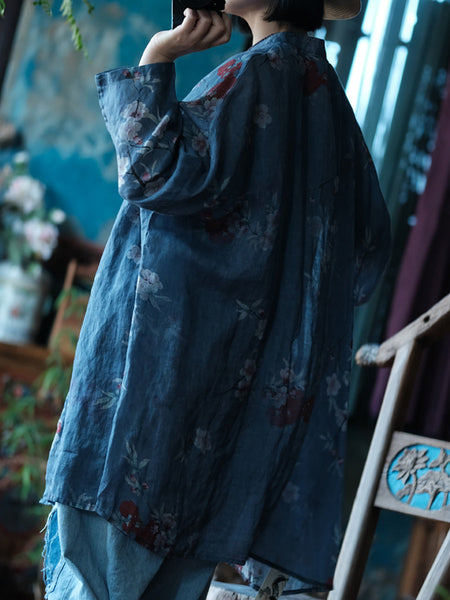 Women Summer Artsy Flower Button-up Ramie Shirt OO1051 JSHY