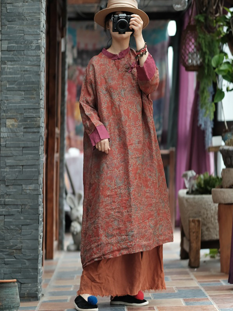 Women Summer Vintage Floral Spliced Ramie Dress OO1037 JSHY