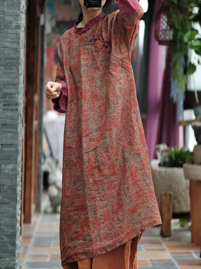 Women Summer Vintage Floral Spliced Ramie Dress OO1037 JSHY