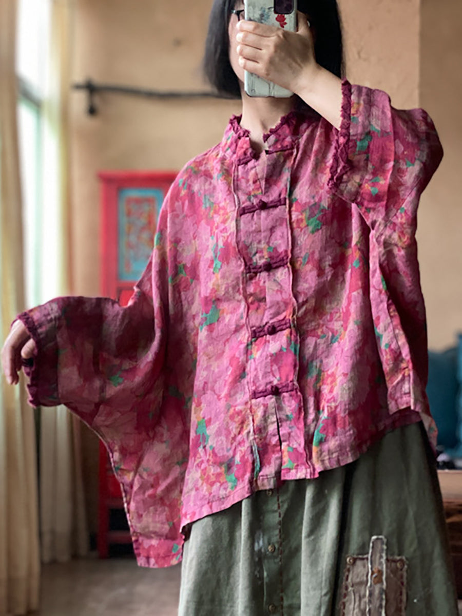 Women Vintage Flower Button-Up Raw Edge Linen Shirt OO1038 JSHY