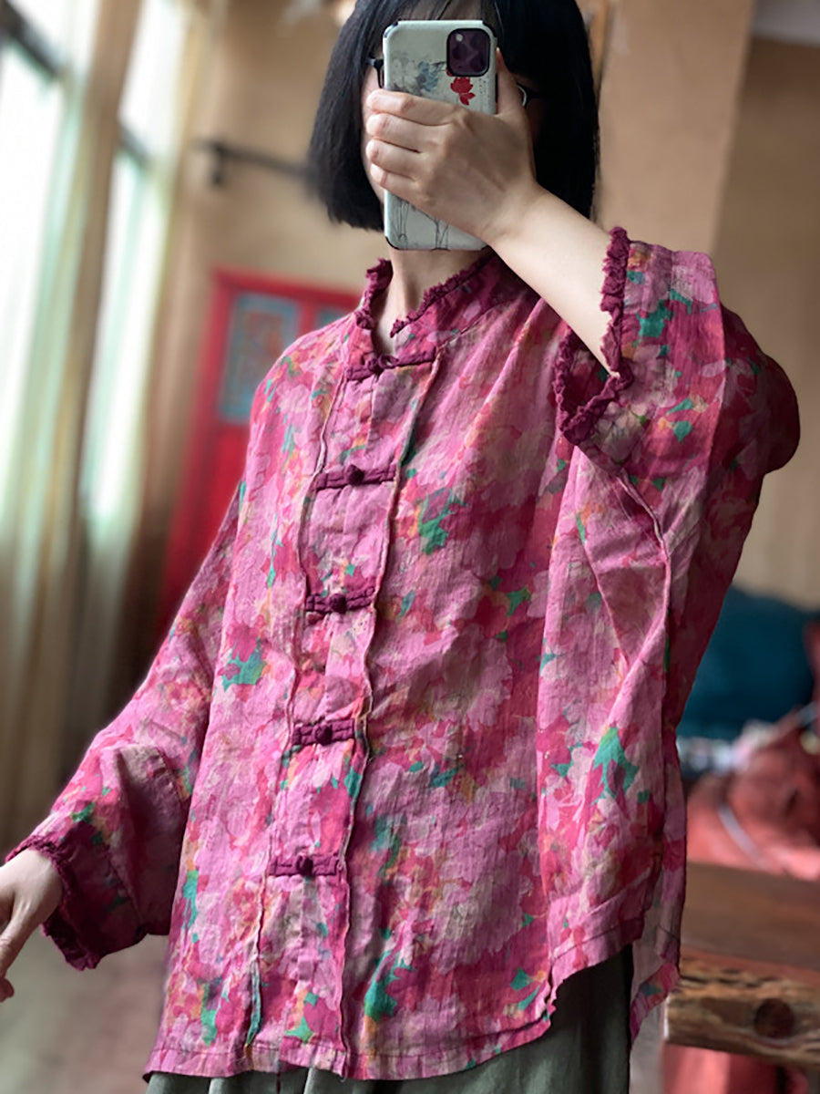 Women Vintage Flower Button-Up Raw Edge Linen Shirt OO1038 JSHY