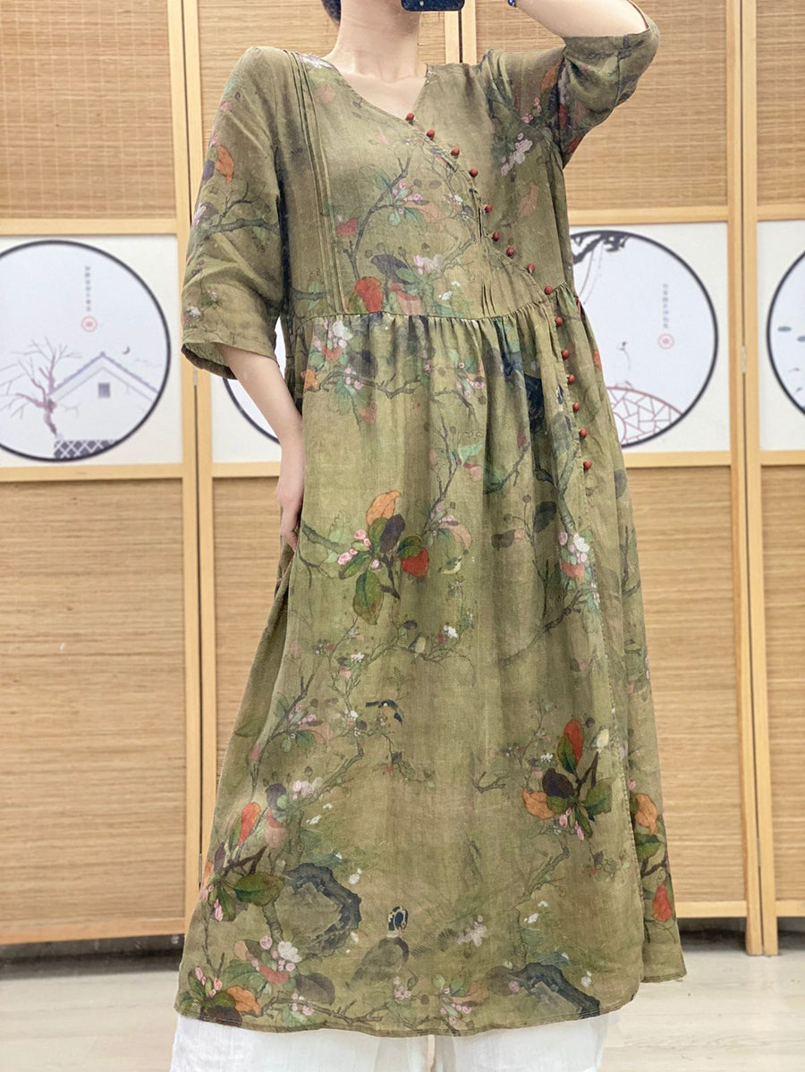 Women Summer Vintage Floral V-Neck Ramie Dress OO1039 ZSLN