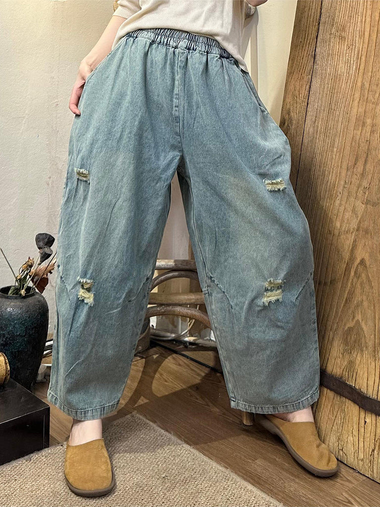 Women Summer Retro Frayed Denim Wide-leg Pants OO1049 HLCP