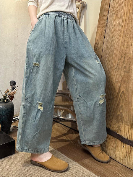 Women Summer Retro Frayed Denim Wide-leg Pants OO1049 HLCP