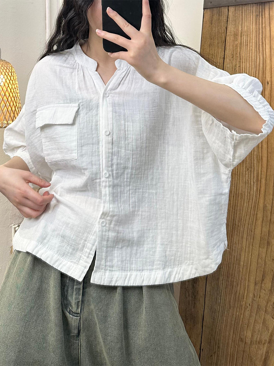 Women Summer Casual Solid Button-Up Cotton Shirt OO1052 HLCP