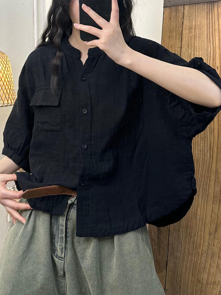 Women Summer Casual Solid Button-Up Cotton Shirt OO1052 HLCP