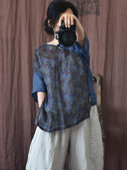 Women Smmer Vintage Floral Spliced Ramie Shirt II1002 BUYKUD