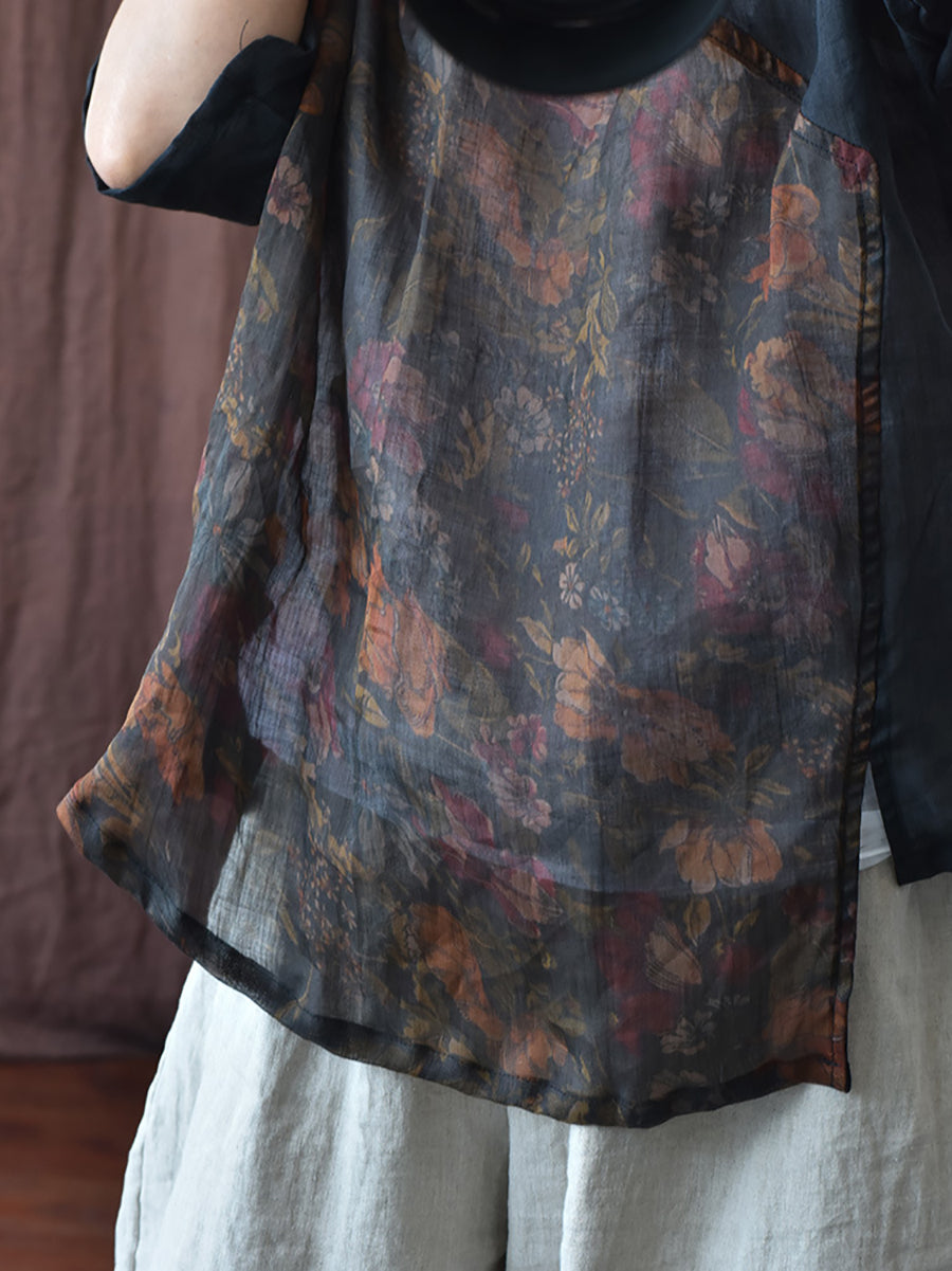 Women Smmer Vintage Floral Spliced Ramie Shirt II1002 BUYKUD