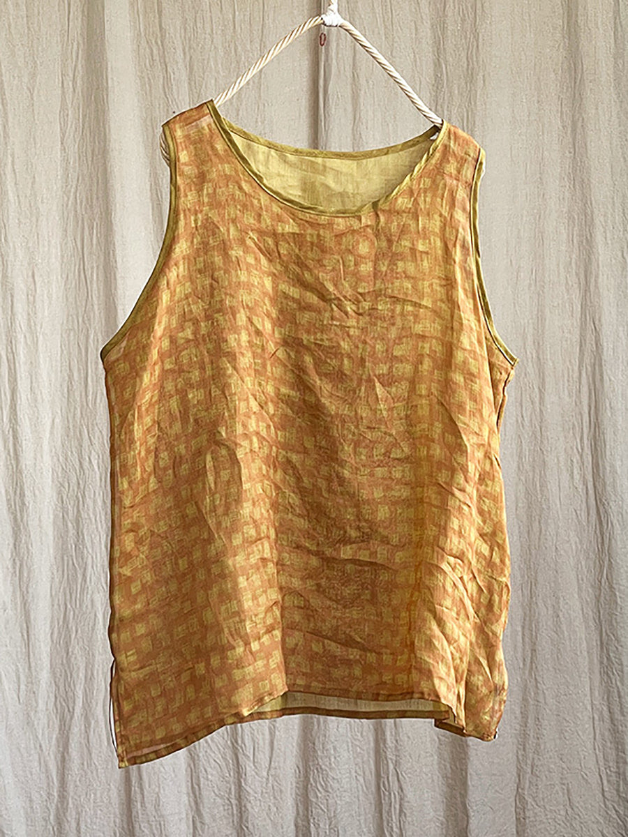 Plus Size Women Summer Plaid Artsy Thin Ramie Vest HH055 BUYKUD