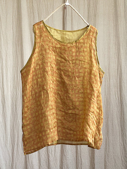 Plus Size Women Summer Plaid Artsy Thin Ramie Vest HH055 BUYKUD