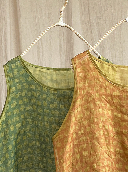 Plus Size Women Summer Plaid Artsy Thin Ramie Vest HH055 BUYKUD