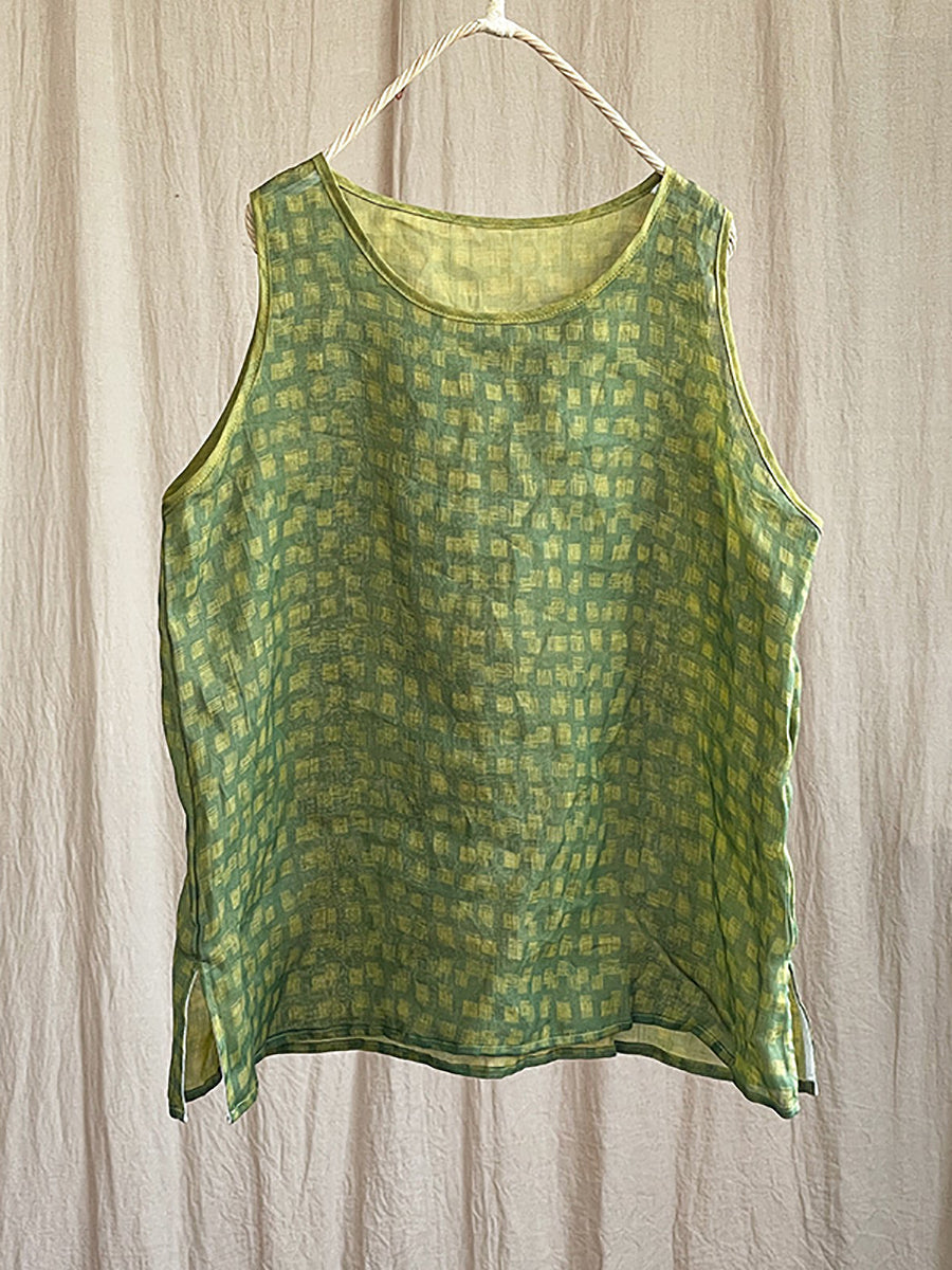 Plus Size Women Summer Plaid Artsy Thin Ramie Vest HH055 BUYKUD