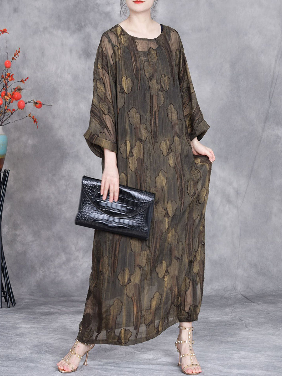 Women Summer Vintae Jacquard Loose Perspective Dress II1005 BUYKUD