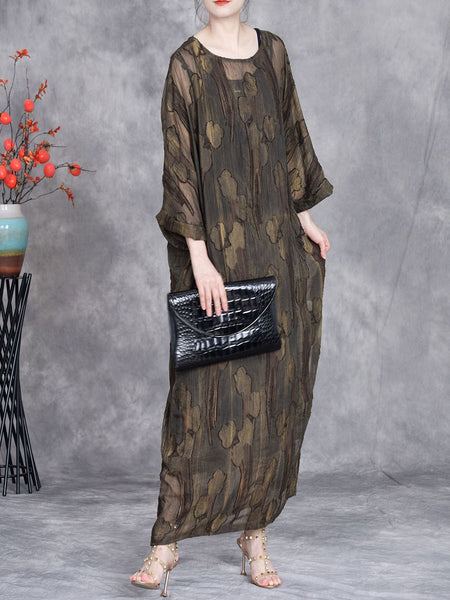 Women Summer Vintae Jacquard Loose Perspective Dress II1005 BUYKUD