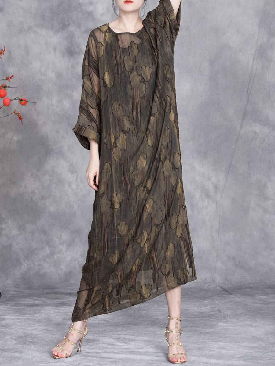 Women Summer Vintae Jacquard Loose Perspective Dress II1005 BUYKUD