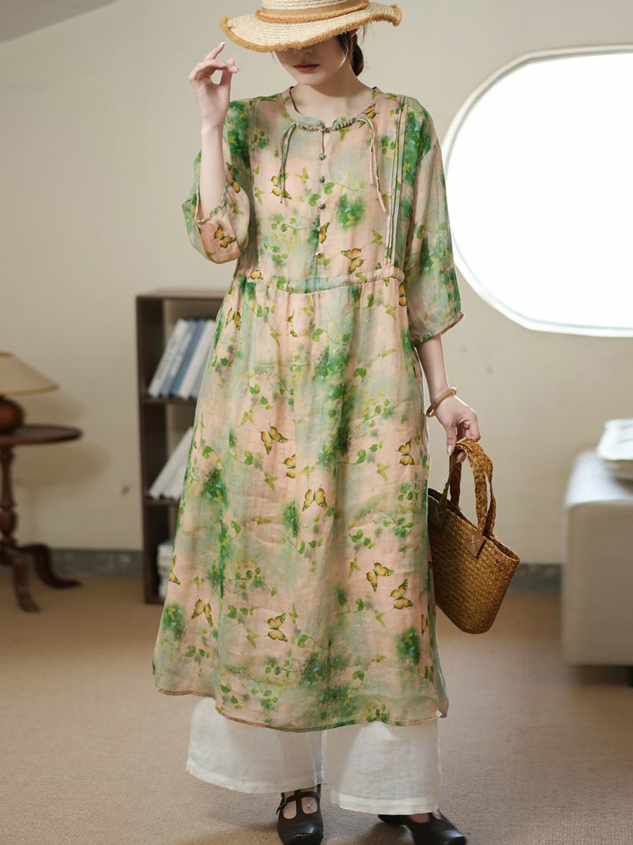 Women Summer Artsy Flower Thin Ramie Dress II1006 BUYKUD