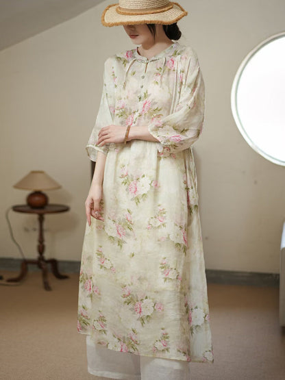 Women Summer Artsy Flower Thin Ramie Dress II1006 BUYKUD