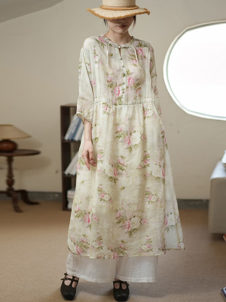 Women Summer Artsy Flower Thin Ramie Dress II1006 BUYKUD