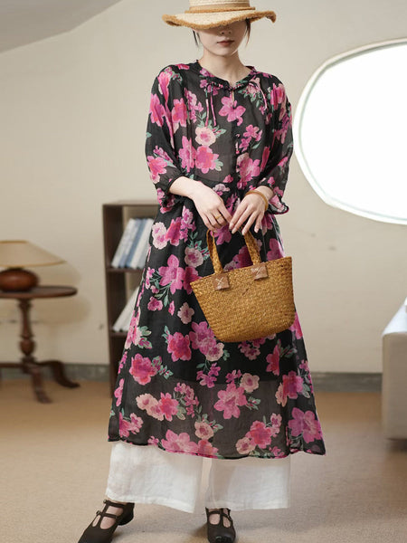 Women Summer Artsy Flower Thin Ramie Dress II1006 BUYKUD