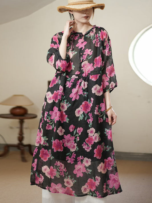Women Summer Artsy Flower Thin Ramie Dress II1006 BUYKUD