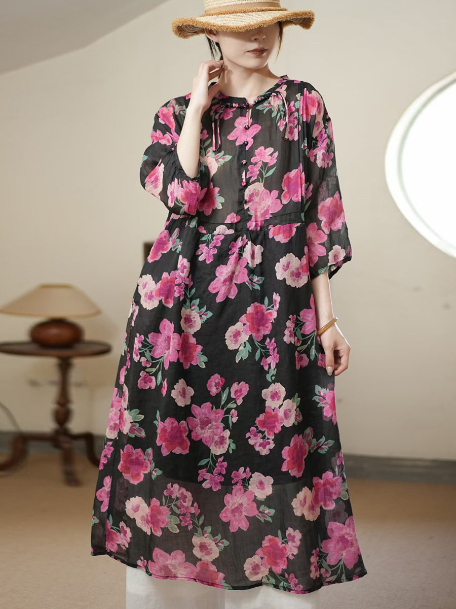 Women Summer Artsy Flower Thin Ramie Dress II1006 BUYKUD
