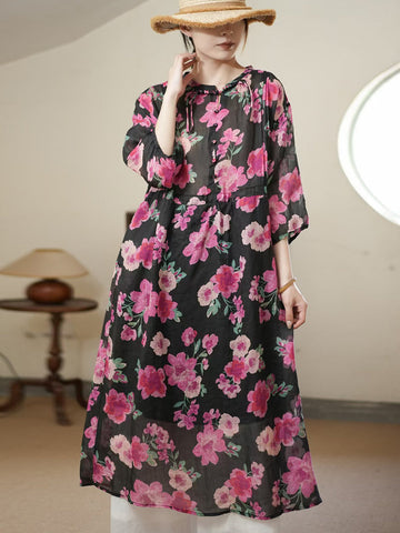 Women Summer Artsy Flower Thin Ramie Dress II1006 BUYKUD