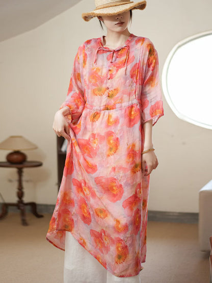 Women Summer Artsy Flower Thin Ramie Dress II1006 BUYKUD