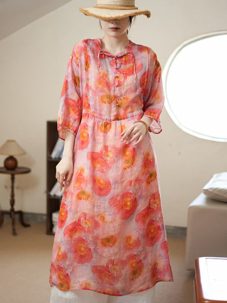 Women Summer Artsy Flower Thin Ramie Dress II1006 BUYKUD