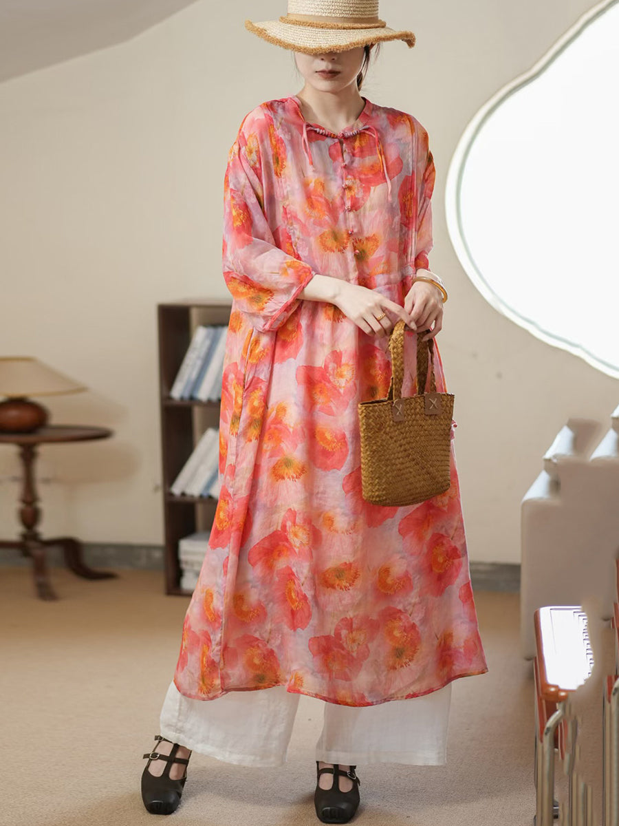 Women Summer Artsy Flower Thin Ramie Dress II1006 BUYKUD