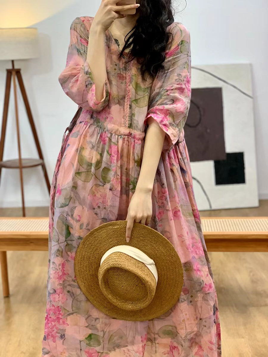 Women Summer Vintage Flower V-Neck Ramie Dress II1007 BUYKUD