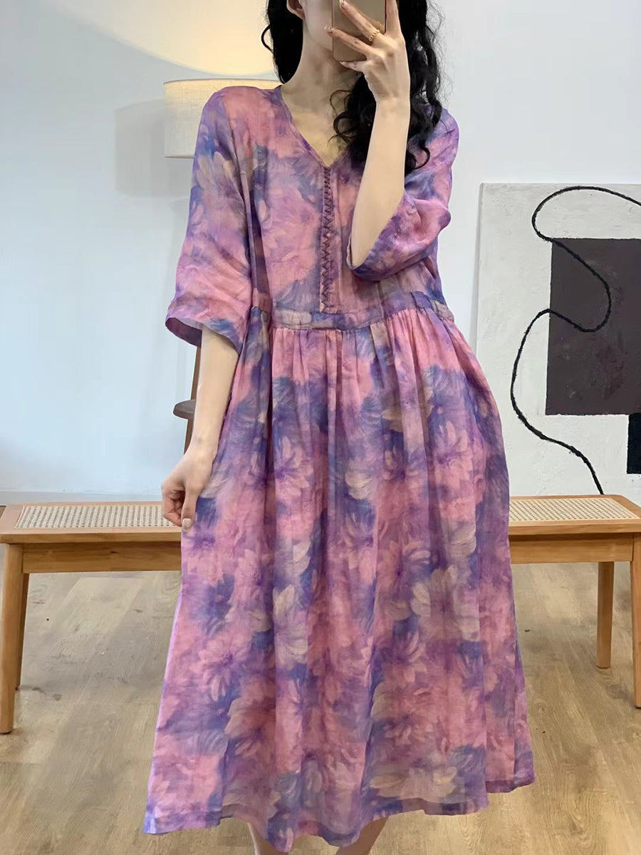 Women Summer Vintage Flower V-Neck Ramie Dress II1007 BUYKUD