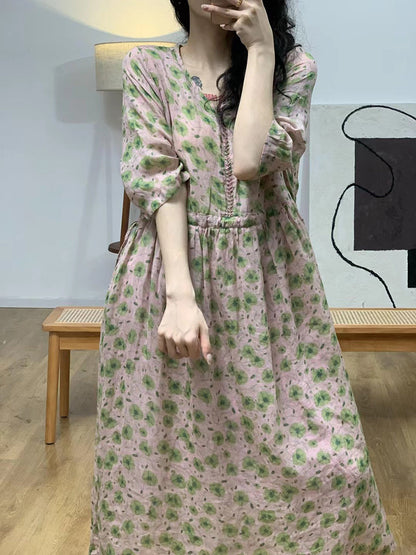 Women Summer Vintage Flower V-Neck Ramie Dress II1007 BUYKUD