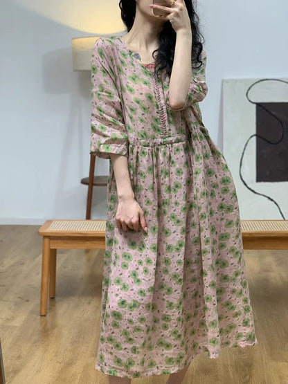 Women Summer Vintage Flower V-Neck Ramie Dress II1007 BUYKUD