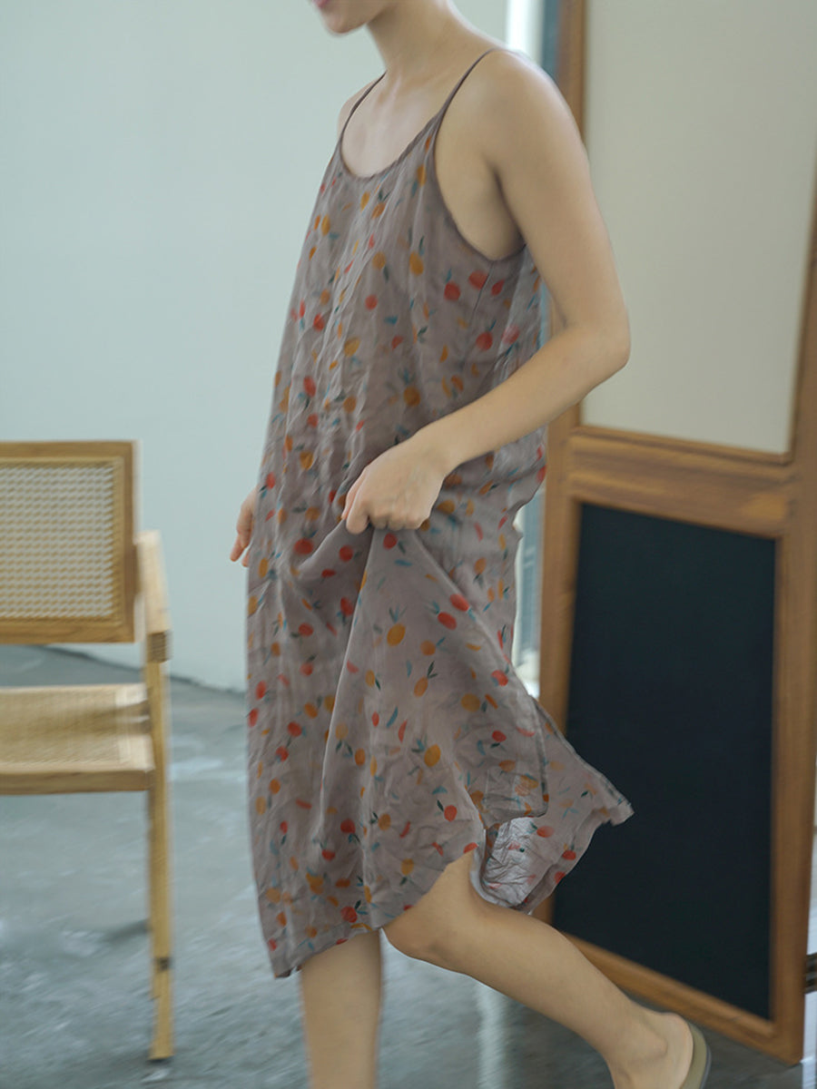 Women Summer Vintage Floral Thin Ramie Vest Dress II1011 MH