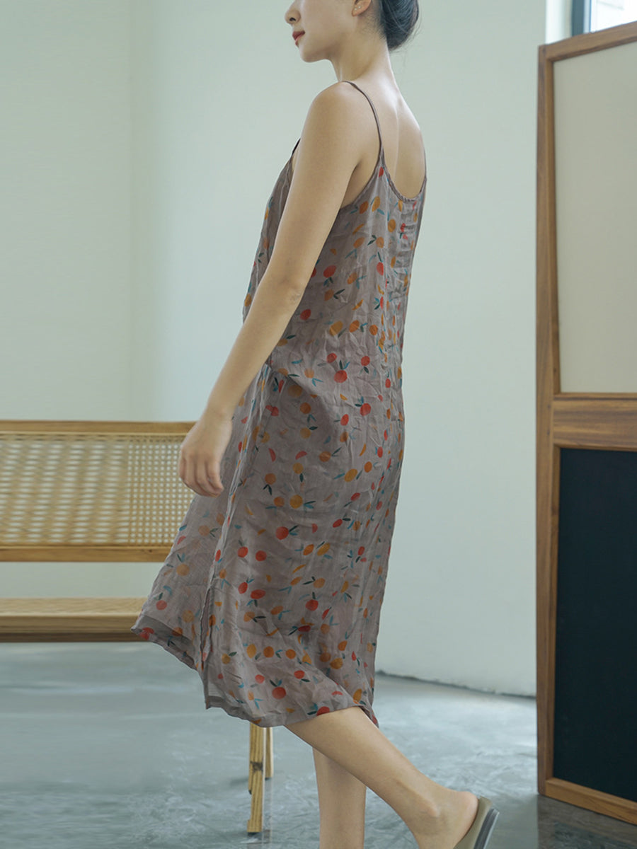Women Summer Vintage Floral Thin Ramie Vest Dress II1011 MH
