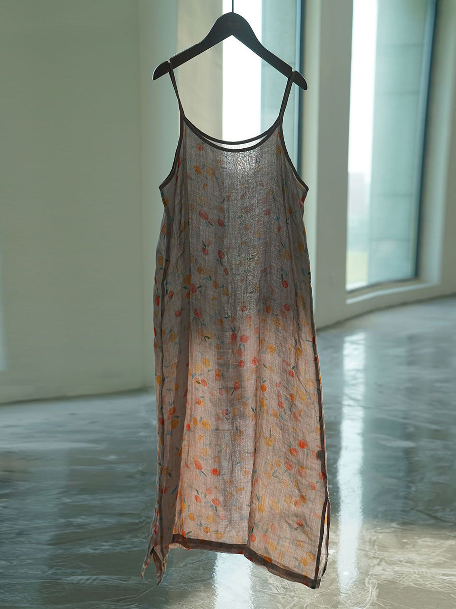 Women Summer Vintage Floral Thin Ramie Vest Dress II1011 MH