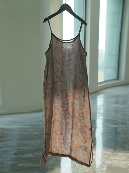 Women Summer Vintage Floral Thin Ramie Vest Dress II1011 MH
