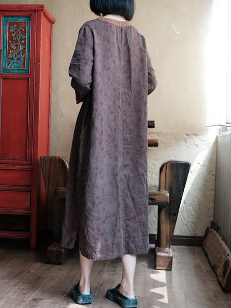 Women Summer Vintage Floral Spliced V-Neck Linen Dress II1013 JSHY