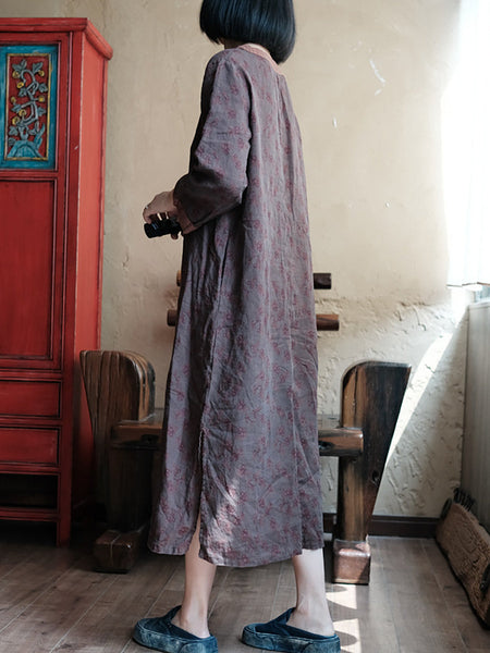 Women Summer Vintage Floral Spliced V-Neck Linen Dress II1013 JSHY