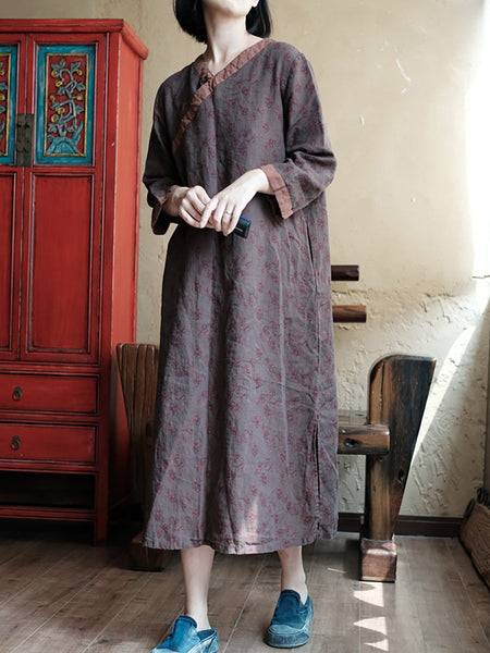 Women Summer Vintage Floral Spliced V-Neck Linen Dress II1013 JSHY