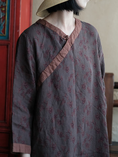 Women Summer Vintage Floral Spliced V-Neck Linen Dress II1013 JSHY